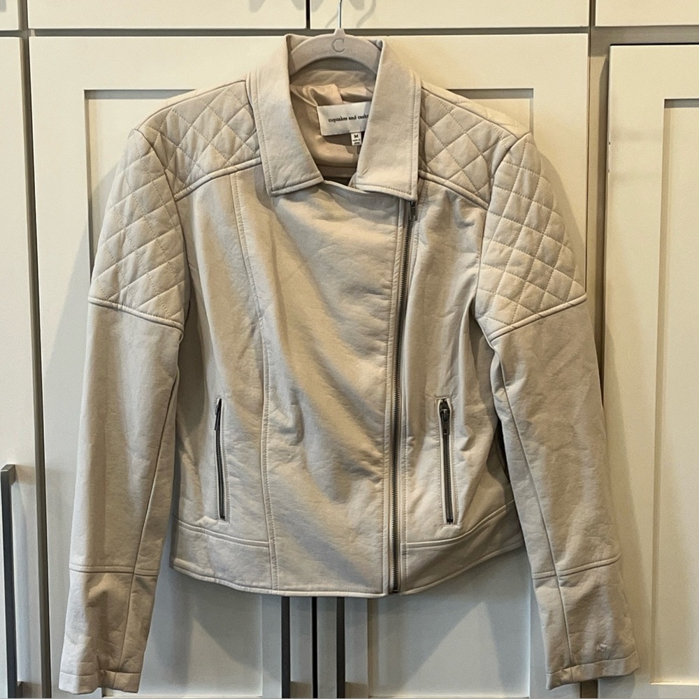 Cupcakes and Cashmere Women's Size M Faux Leather Moto Jacket Bone Color